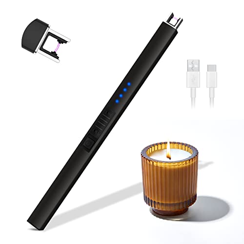 Rouclo Lichtbogen Feuerzeug Elektrisch,USB Aufladbar Feuerzeug Stabfeuerzeug Winddichtes, Elektro Kerzenanzünder Flammenlose Grillfeuerzeug Lighter für Kerzen Anzünden, Gasherd, Küche (Schwarz)