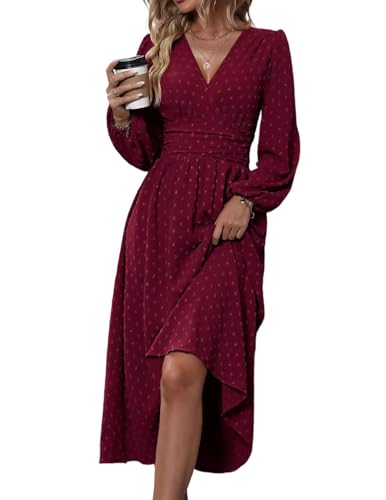 HUXRAKV Damen Elegant Kleid Langarm V-Ausschnitt Freizeitkleider A-Linie Blumenmuster Wickelkleid Herbst Winter Laternenärmeln Kleid Partykleid Abendkleider,37-Rot 1,XL