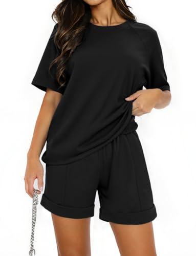 Totatuit Damen Sportanzug Zweiteiler Kurzarm Trainingsanzug Set, Sommer Jogginganzug,Einfarbig mit Rundhalsausschnitt,Hausanzug Sport Outfit