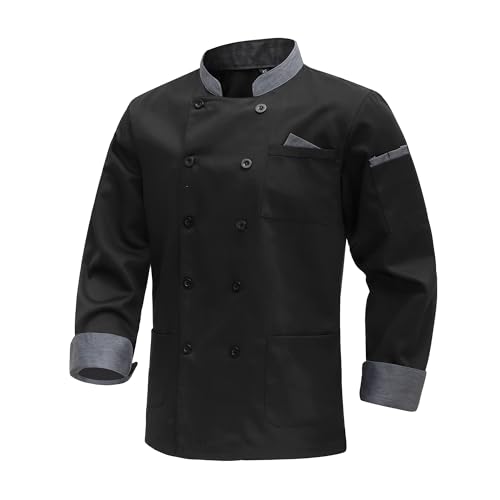MeiLayM Unisex Kochjacke Herren Langärmelig Kochkleidung Professional Chef Kochjacke Bäckerjacke Chef mit Tasche Uniform Kochkleidung Arbeitsjacke Schwarz,L