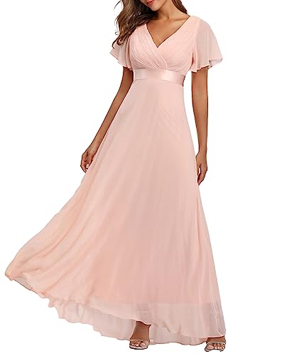 ECDAHICC Damen Abendkleider Gürtel V-Ausschnitt Hohe Taille A-Linie Chiffon Brautjungfernkleid Elegant Lang Ballkleid(PI,XL)
