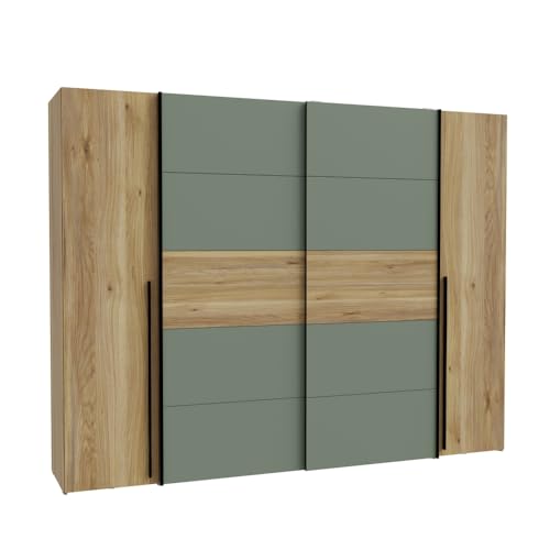 Forte Narago Kleiderschrank 270, 4-türiger Dreh-Schwebetürenschrank mit Einlegeböden und Kleiderstange, Holzwerkstoff, Mauvella Eiche-Salbei, 270.3 cm breit, 210.5 cm hoch, 61.2 cm tief