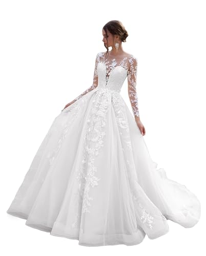 JAEDEN Brautkleid Prinzessin Spitze Langarm Hochzeitskleid A-Linie Standesamtliche Trauung Kleid mit Schleppe Weiß 40