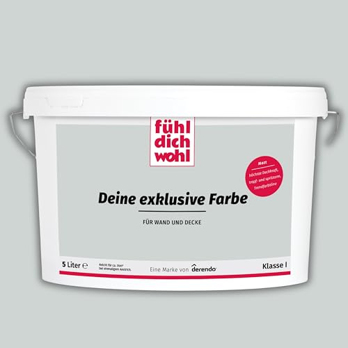 derendo Fühl Dich Wohl Deine Farbe grau, matte Wandfarbe grau, hohe Deckkraft, verschiedene Grautöne zur Auswahl (5L, Hellgrau 15-56)