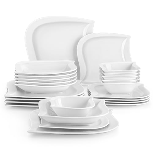 MALACASA Elvira Geschirrset 6 Personen Cremeweiß 24-tlg, Modernes Porzellan Geschirr Set, Tafelservice mit je 6 Speiseteller, Dessertteller, Suppenteller und Müslischalen, Teller Set 6 Personen