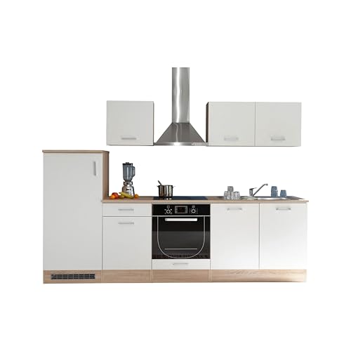 Stella Trading ANDY Moderne Küchenzeile ohne Elektrogeräte Eiche Sonoma Optik, Weiß matt - Geräumige Einbauküche mit viel Stauraum - 270 x 195 x 60 cm (B/H/T)
