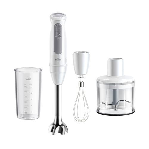 Braun Stabmixer MultiQuick 5 MQ 50236 M - Elektrischer Stabmixer mit 21 Geschwindigkeitsstufen + Turbo, Edelstahl Pürierfuß, Easy Click System, SplashControl, 3-teiliges Zubehör-Set, 1000 Watt, Weiß
