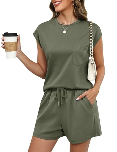 Rapbin Pyjama Damen Loungewear Sommer Outfit Trainingsanzug Set Sportlicher Olivgrün Jogginganzug mit Kurzarm T-Shirt & Shorts Militärgrün L