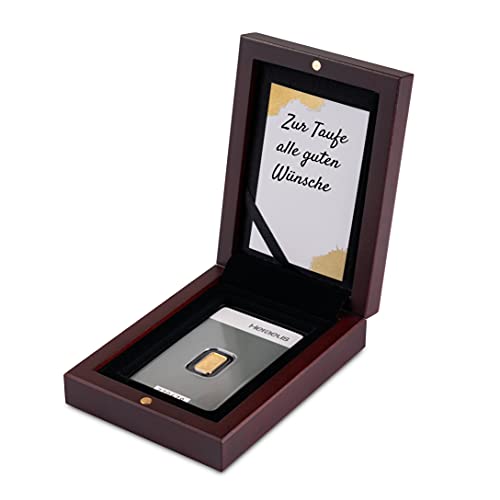 Goldstücke24 Gold zur Taufe - Goldbarren im edlen Geschenk-Etui mit Grußkarte - Mahagoni - Feingold 999,9 (1g Gold)