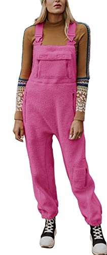 Ebifin Jumpsuits für Damen Lässiger Latzhose Arbeitshose Fleece Warme Overalls Winter Latzhosen mit Taschen.Rosa.M