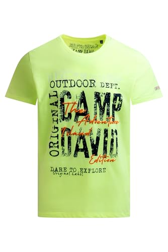 Camp David Herren T-Shirt Rundhals Kurzarm mit Logo Prints und Puffprint, 100% Baumwolle Neon Lime, XL