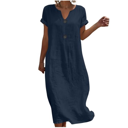 Leinenkleid Damen Midi Kleid Damen Leichtes Kühl Strandkleid Weich Musselin Kleid V-Ausschnitt Kurzarm Etuikleid mit Knopf Locker Luftig Tunikakleid Einfarbig Midikleid Hohe Taille Sommerkleid