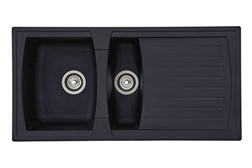 Respekta Boston Mineralitespüle in Schwarz / 1,5 Becken Einbauspüle in 100 x 50 cm/Spülbecken geeignet für Unterschränke ab 60 cm Breite