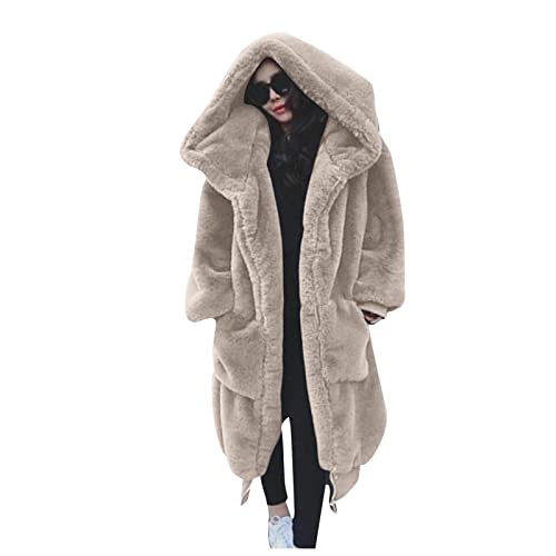 L9WEI Kunstpelz Mantel Lang Damen Oversized Kunstfell Mantel mit Kapuze Elegant Faux Pelz Mäntel Pelzmantel Einfarbig Felljacke Warme Plüschmantel Lose Winter Kunstfell Mantel