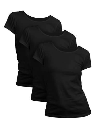Basic Treasure 3er Pack Tshirt Damen Schwarz, Kurzärmliges Shirt, 100% Baumwolle T Shirt (Schwarz, XL)
