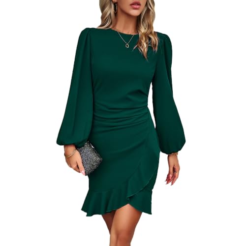 RPAEOY Damen Kleid Elegant Langarm Rüschen Bodycon Puffärmel Kurz Kleider Vintage Formal Dress Bleistiftkleid für Cocktail Abend Büro Sommer Herbst Grün S