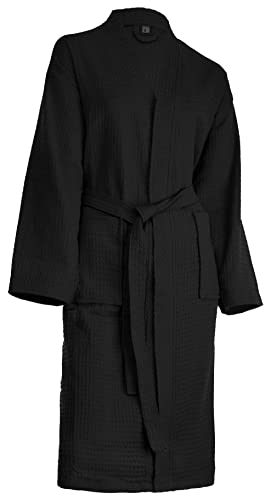 Brandsseller Unisex Bademantel aus Baumwolle L – Leichter Morgenmantel aus Waffel-Piqué für Damen & Herren – Saunamantel/Hausmantel für Wellness & Zuhause - Schwarz