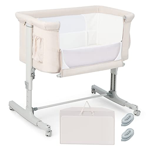 COSTWAY 3 in 1 Beistellbett & Babywiege & Reisebett, 5-stufig Höhenverstellbares Babybett, neigbar, Kinderbett inkl. Matratze, Tragetasche, Stubenwagen für Babys bis 9kg belastbar (Beige)