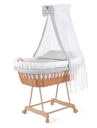 Waldin Stubenwagen-Set mit Ausstattung,XXL,Bollerwagen,komplett,9 Modelle wählbar,Stoffe weiß/Punkte weiß