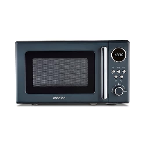 MEDION Retro Mikrowelle klein (20 Liter, ca. 800 Watt, 5 Mikrowellenstufen, 8 Automatikprogramme, Digitale Anzeige, Auftaufunktion, kompakt, MD15000) grau