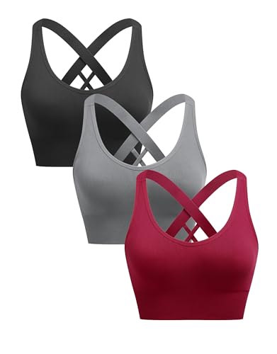 ANGOOL Sport BH Damen ohne Bügel Push Up BH Starker Halt Sport Bustier Damen Gepolstert Crossback Seamless Yoga Joggen Gym Sports Bra, Schwarz+Grau+Weinrot, M