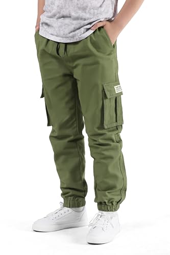 NATUST Jungen Cargohose Kinder Freizeithose Jogginghose Jungs Cargo Hose mit Elastischem Bund Armeegrün 134-140