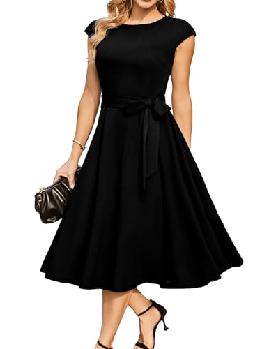 DRESSTELLS Cocktailkleid Damen Schwarz Elegant 1950er Knielang Rockabilly Hochzeitkleid Vintage Swing Midilang Abendkleid Kurz Sommer Halloween Kleid Black XL