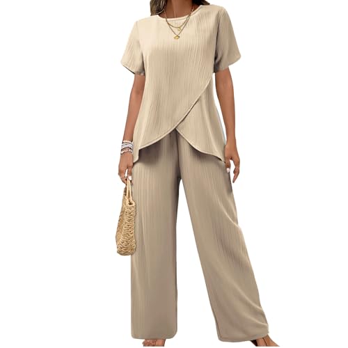 AACH Hosenanzug Damen Sommer Outfits Elegant Slim Fit 2-Teiliges Kurze Ärmel Rundkragen Oberteile und Weite Hose Zweiteiler Geschäft Büro Sportanzug Locker Einfarbig Freizeitanzug Mode Anzug