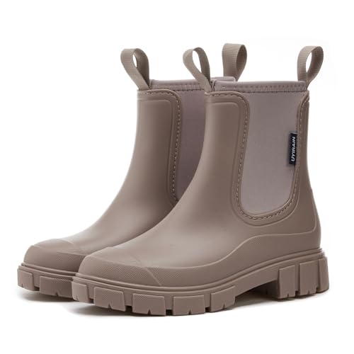 SmoothPace Gummistiefel Damen Gefüttert Wasserdicht Gummistiefeletten Halbhohe Chelsea Boots Rutschsicher Abriebfest Atmungsaktiv Regenschuhe Komfort Garten Stiefeletten Brown 39EU