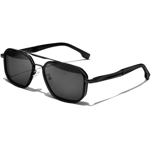 KANASTAL Sonnenbrille Herren Polarisiert Retro Klassische Quadratisch Sonnenbrillen mit Premium Metallrahmen UV400 Schutz, Matt Schwarz Rahmen Schwarz Gläser