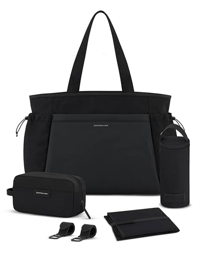 Kapten & Son Shopper Hellvi Diaper Set All Black 25 L | Wickeltasche mit Kinderwagen- und Kofferbefestigung | inklusive Kulturtasche, Wickelunterlage & isolierter Flaschenhalter | Diaper Bag