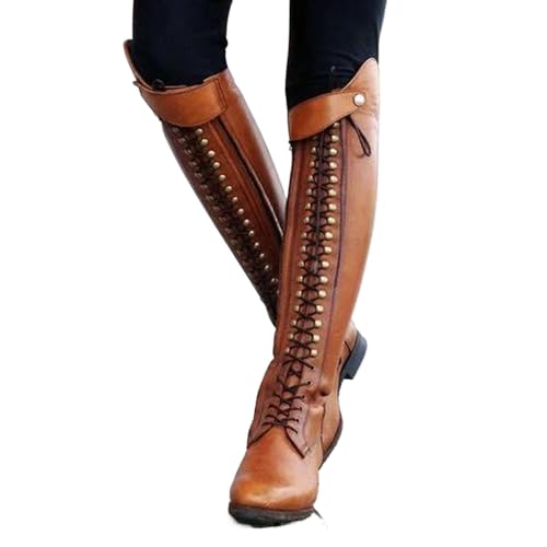 YUMALI Damen Reitstiefel Mit Druckknopf Mode Schnürung PU Leder Reiten Lange Stiefel Für Anfänger (35,Brown)