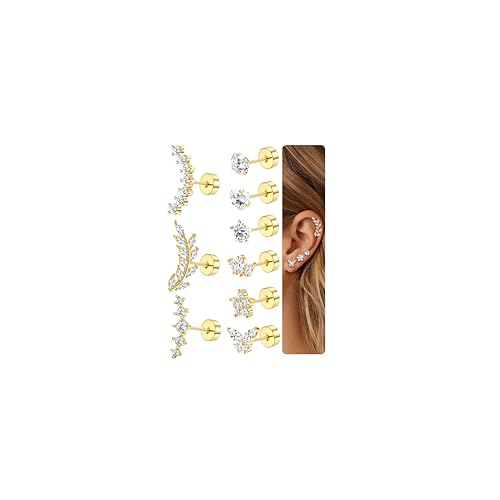 Diamday 9Pcs Helix Piercings Chirurgenstahl Piercing Ohr für Damen Tragus Piercing Ohrringe Set Hypoallergen Flatback Ohrstecker Ohrpiercing Helix Tragus Conch Rook Piercings Ohr Gold Silber