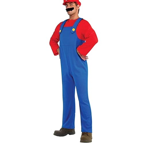 VISVIC Cosplay Kostüm Super Brothers Klempner, Kostüm mit Bodysuit, Cap und Schnurrbart, Karneval Halloween Cosplay Kostüm für Herren Damen Junge Mädchen Kinder, Herren Rot, S