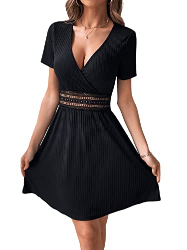 GORGLITTER Damen A-Linie Sommerkleid V-Ausschnitt Skaterkleid Elegant Freizeitkleid Shortkleid mit Spitzen Schwarz M
