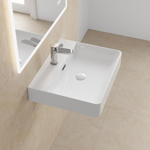 HOROW Waschbecken 50 cm Keramik, Modernes Aufsatzwaschbecken mit Hahnloch & Überlauf, Weiße Hängewaschbecken Waschtisch Bad für Badezimmer, Gäste WC & Garten, leicht zu reinigen