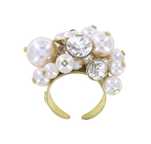 Konplott: Ring Pearl Shadow shinny brass, sehr modischer Gipsy-Ring mit Perlen und Kristallsteinen, für Damen/Frauen (weiß)