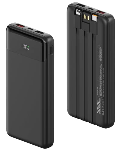 Power Bank 20000mAh, Powerbank 22,5W Schnellladung mit Integrierten 3 Kabel