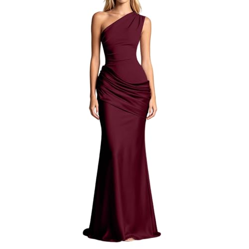 Generisch Damen Elegant Trägerloses Langes Kleid Satinkleid Damen Gelbes Abendkleid Shoulder Brautjungfernkleider Cocktail Hochzeit Gast Abschlussball Maxikleider (RD1, S)
