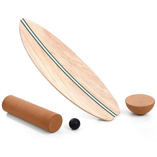 Balance Board, Holz Balance Board Erwachsene Gleichgewichtstrainer Mit Korkrolle, Kork Halbkugel und Gummiball, Balance-Trainer mit rutschfester Oberflächenbehandlung (Holzfarbe)