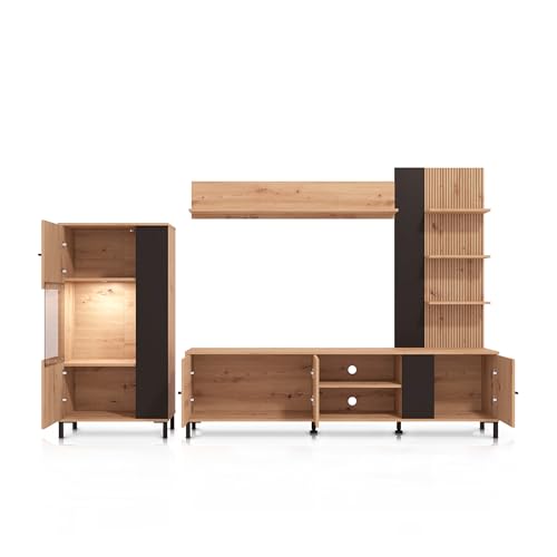 KHG Wohnwand Dekorfolie in Riffeloptik Asteiche Schwarz Hängeregal Vitrine Wandboard Lowboard Holzwerkstoff moderner Skandilook