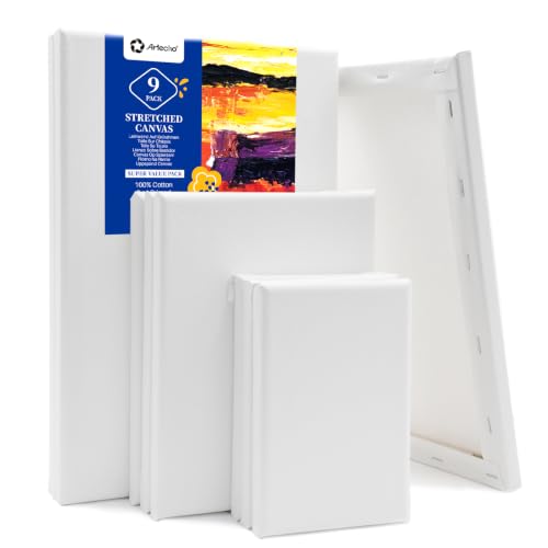 Artecho Leinwand zum Bemalen, 9 Stück Keilrahmen (30x20cm, 20x15cm, 15x10cm), Leinwand aus 100% Baumwolle, 280 g/m², Leinwände für Acrylfarben und Ölfarben.