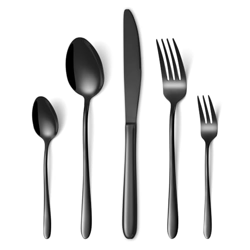 HONKKU Besteck Set Schwarz, 30 Teilig Edelstahl Besteckset für 6 Personen, Essbesteck Set mit Abendessen Messer, Gabeln und Löffeln für Zuhause/Restaurant/Party/Bankett, Rostfrei Spülmaschinenfest