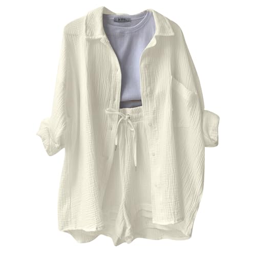 Musselin Set Damen Bluse Hose Zweiteiler Sommer Sport Set Shorts Kleid Blusen Für Anzug Elegant (B White, L)