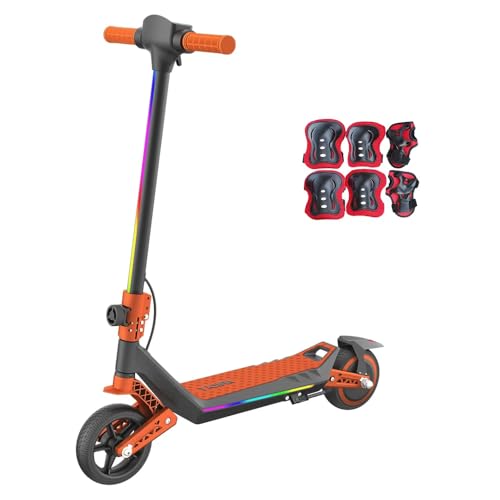 Elektroroller für Kinder, E Scooter mit Regenbogen-LED & Sicherheitsstart, 3 Geschwindigkeiten bis 16 km/h, 12KM Reichweite, doppelte Stoßdämpfer, doppeltes Sicherheitsbremssystem (Orange)