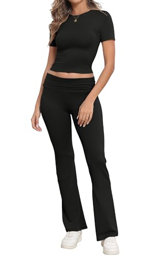 IWOLLENCE Lounge Set Damen Zweiteiler Hausanzug Kurzarm Oberteil mit Breitem Elastischem Hosenbund Schlaghose Loungewear Set (Schwarz, S)