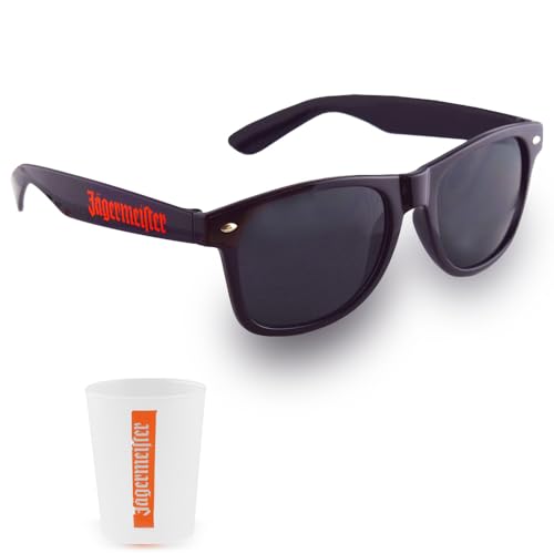 Sonnenbrille in schwarz mit Jägermeister Schriftzug + Jägermeister Kunststoff-Probierbecher