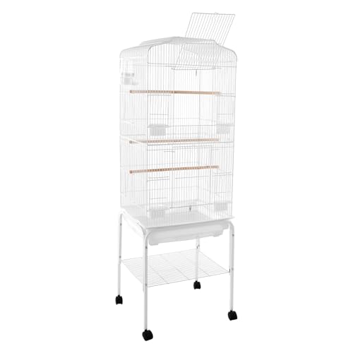 Vogelkäfig groß, Papageienkäfig mit Ständer, Voliere auf Rollen, Käfig aus Eisen 137.5 cm Höhe, mit Ablage, Gitterabstand 1.3 cm Verkaufspunkte (Weiß)