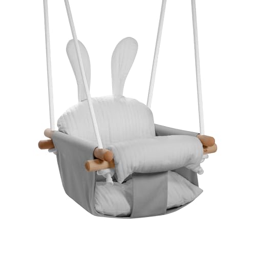 Tulano Hop 33 Grey | Baby Schaukel Hängesitz Indoor & Outdoor | Ab 6 Monaten | Mit Sicherheitsgurt & Kissen | Bis 60 kg belastbar | Baumwollgewebe & Buchenholz | Einfache Montage | Grau