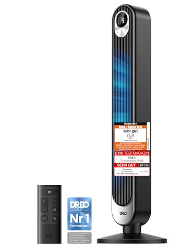 DREO 20dB DC Motor Turmventilator Leiser, 11M Windentfernung Ventilator mit Kühlung Fernbedienung, 9 Stufen 4 Modi, 90° Oszillierender Stand Ventilatoren für Schlafzimmer, Tower Fan mit 12H Timer